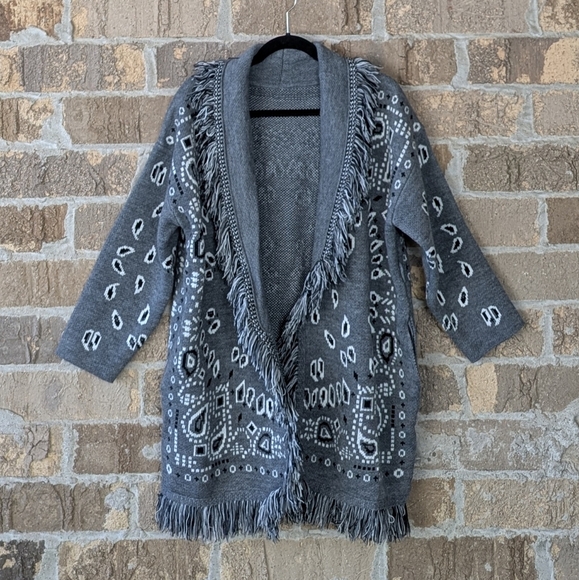 Rock'N Roll Gypsies Sweaters - Rock'N Roll Gypsies Wool Cashmere Bandanna Open Front Cardigan Small Gray Fringe